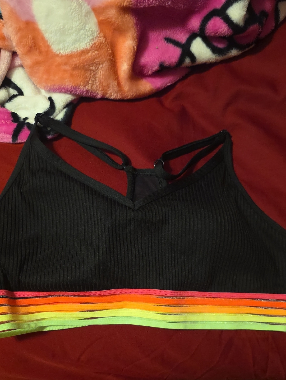 PINK Victoria's Secret Black Ribbed Bralette with Neon Rainbow Bands